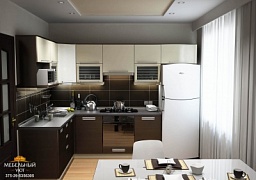 Угловая двухцветная кухня со стеклянными вставками на верхних шкафах